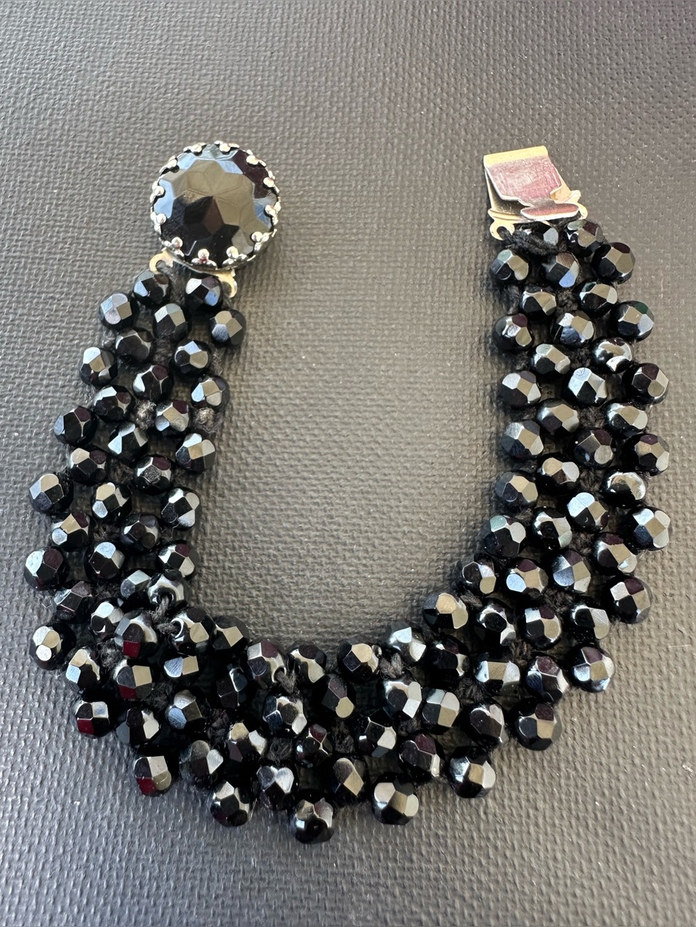 Vintage Made In Austria Black Faceted Beads & Silver Tone Bracelet